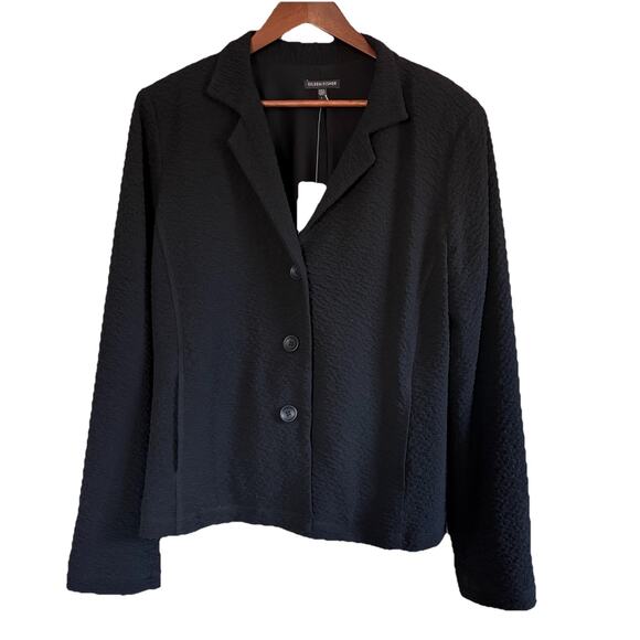 Eileen Fisher Black Convertible CLR Shaped Jacket Rippled Texture 3 Button Large - Picture 1 of 14
